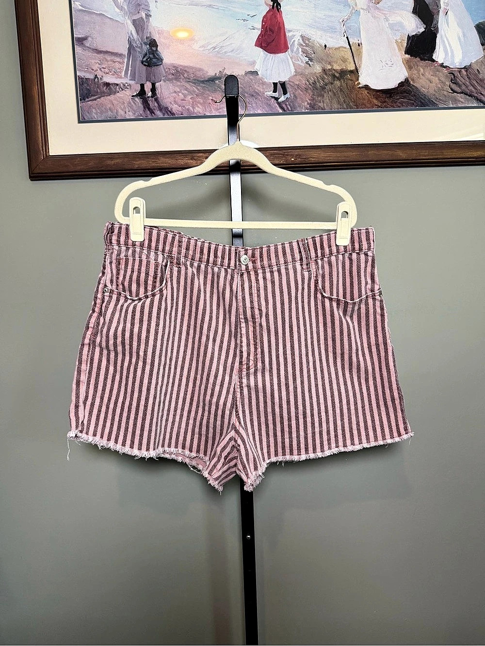 PILCRO High-Rise Striped Slim Denim Shorts Pink & Black Size XL